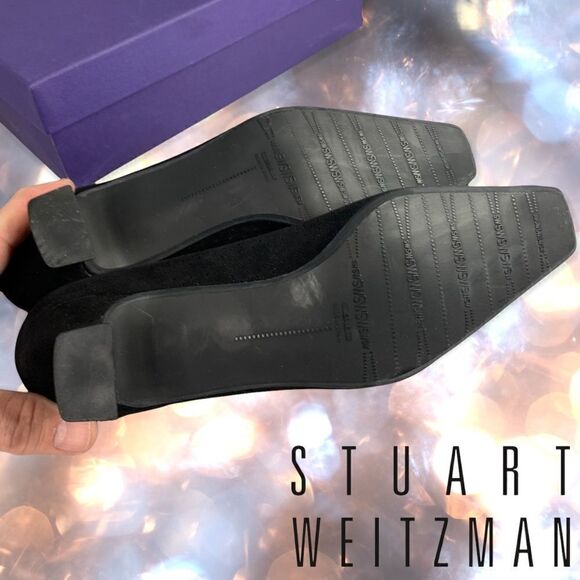 STUART WEITZMAN Black Suede Perforated Tie Bow Linsperf Heels - Picture 5 of 8